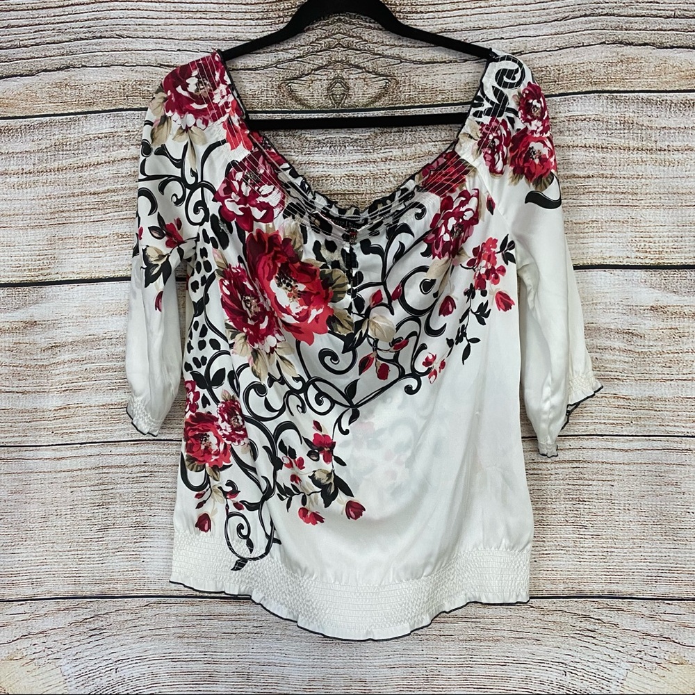 2/$15 WHBM White, Red, Black Floral Off Shoulder Blouse